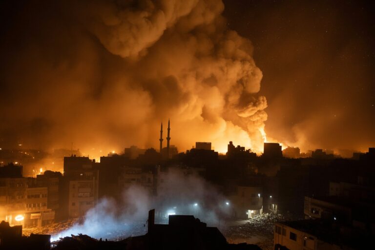 Night city skyline at night with towering orange flames and thick smoke rising above buildings, silhouettes of minarets/architecture in the foreground, glow illuminating the smoke-filled sky.