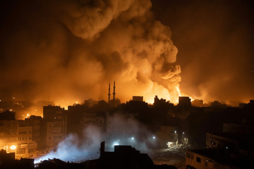 Night cityscape at night with a massive orange fire plume and smoke rising in the distance; two minarets silhouette the skyline.
