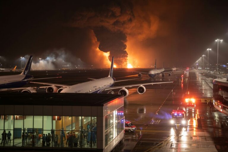 Nighttime airport scene with a large fiery blaze and thick black smoke rising behind the runway; grounded planes nearby and emergency vehicles on the tarmac.