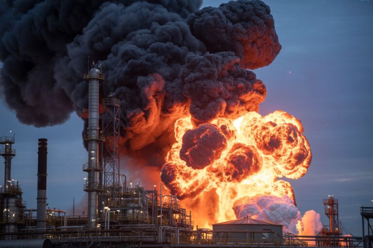 Massive explosion with orange flames and dark smoke at an industrial refinery.