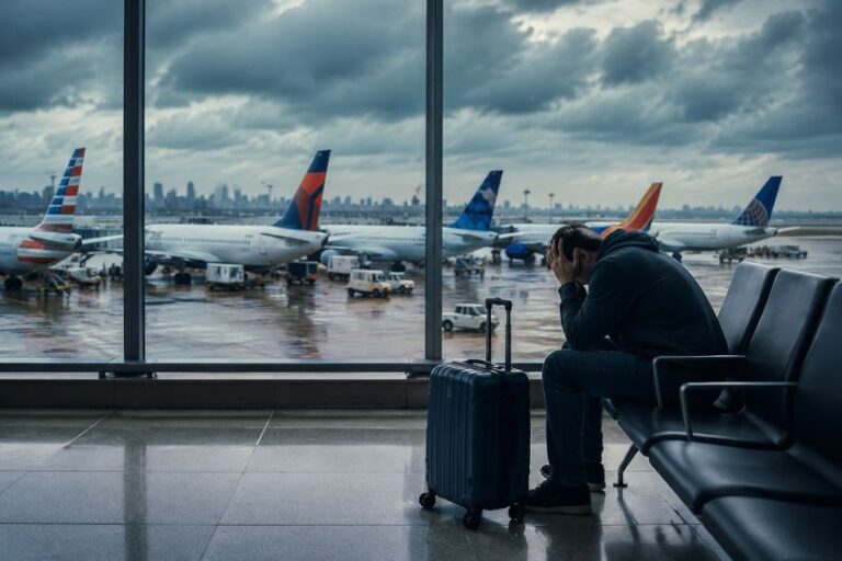 Man seated at an airport gate with his head in his hands and a suitcase beside him, planes visible outside the windows on a rainy day.