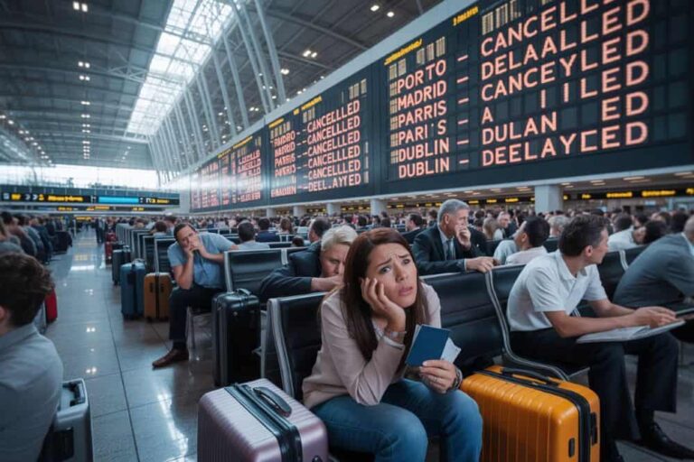 Crowded airport terminal with a large departure board; a worried woman in the foreground rests her head on her hand while holding a passport and phone beside colorful suitcases.