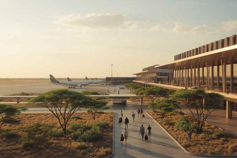 Sunset view of a modern airport with planes on the tarmac, a long glass terminal, and passengers walking along a landscaped path.