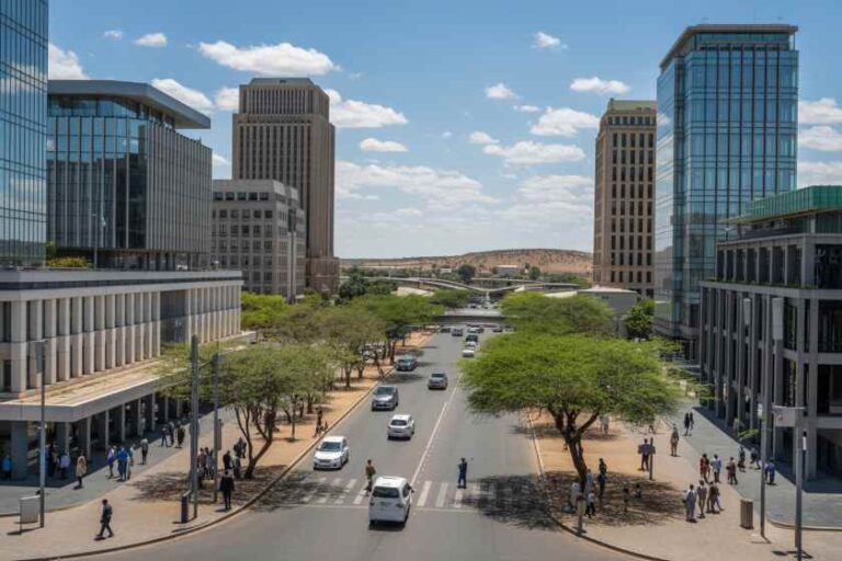 Urban street lined with modern glass buildings, trees, and pedestrians under a blue sky.