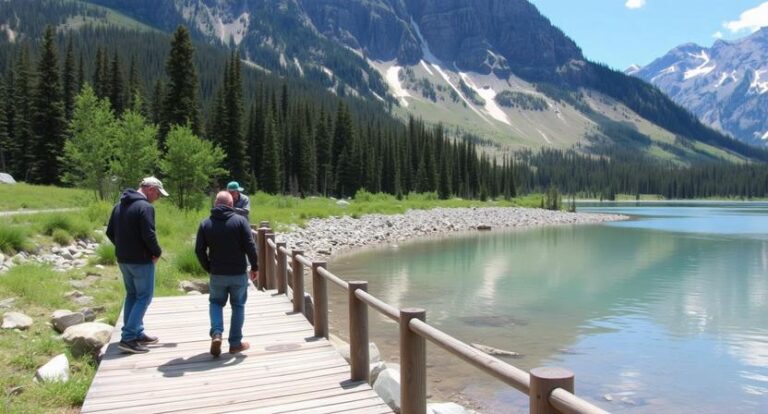Three hikers stand on a wooden boardwalk beside a turquoise alpine lake with mountains in the background.