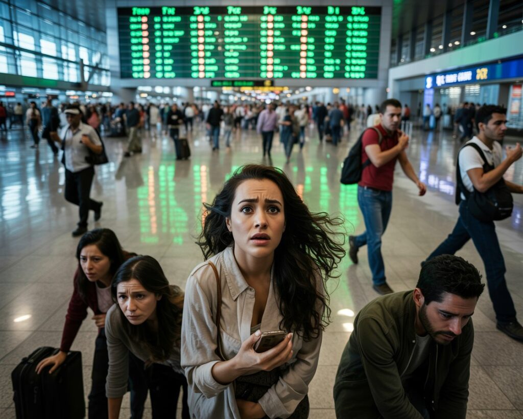 Crowded airport terminal with a frightened woman center foreground clutching a phone while others crouch nearby; glowing flight board in the background.