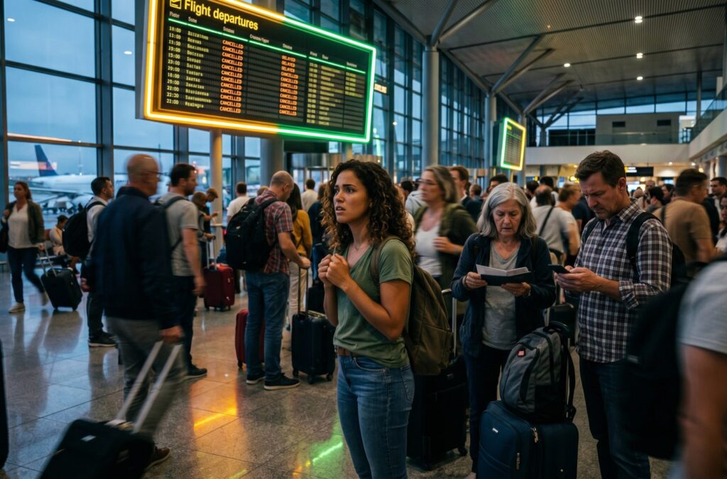 Crowded airport departure hall with travelers and their luggage, standing near a large flight departures board.