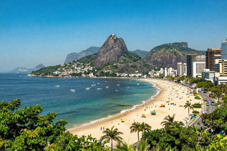 Curved sandy beach beside a city with tall buildings and green hills in the distance in a sunny scene.