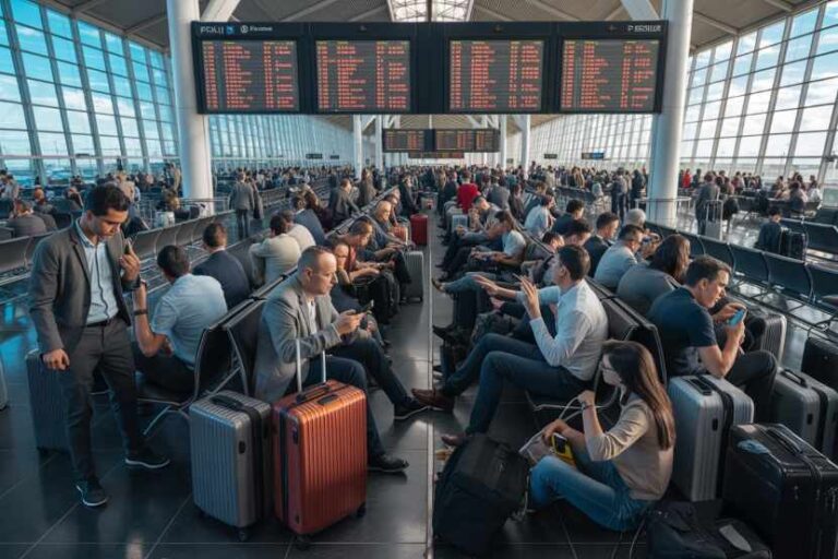 Crowded airport waiting area with travelers seated beside rolling luggage under bright flight information boards.