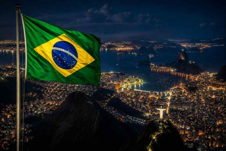 Brazilian flag waves atop a hill overlooking Rio de Janeiro at night, with the illuminated city and coastline below.