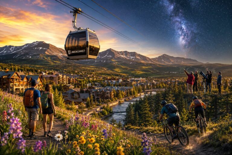 Gondola car labeled BreckConnect glides above a mountain town at sunset, while hikers and cyclists overlook the scene at the valley rim.