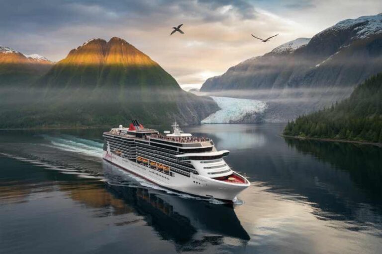 Large white cruise ship sailing through a calm fjord surrounded by green mountains and a distant glacier.