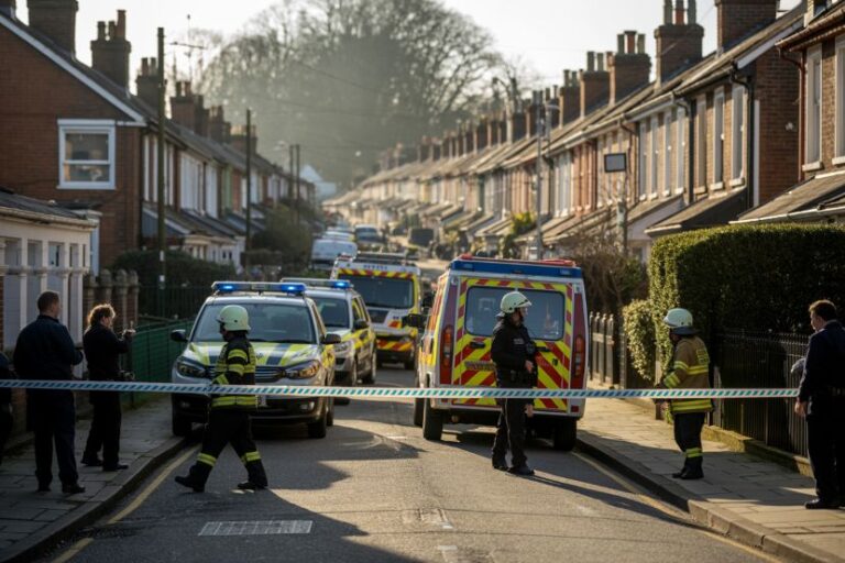 Street blocked by police tape with emergency vehicles and responders managing a scene in a residential area, blue lights flashing mostly in the background.