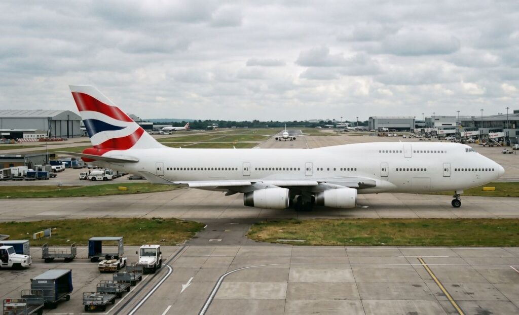 Large white British Airways airliner on a taxiway, red-white-blue tail, airport buildings in the background.