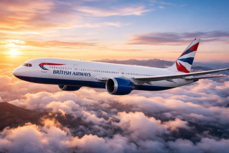 British Airways passenger jet flying above orange sunset clouds with distant mountains in the background.