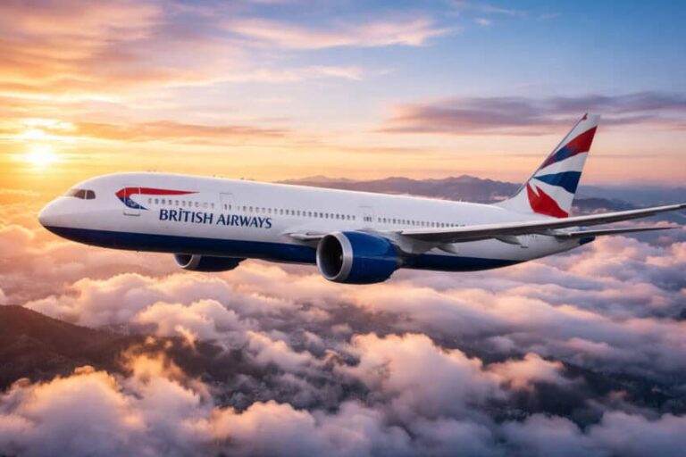 British Airways passenger jet flying above orange-tinted clouds at sunset.