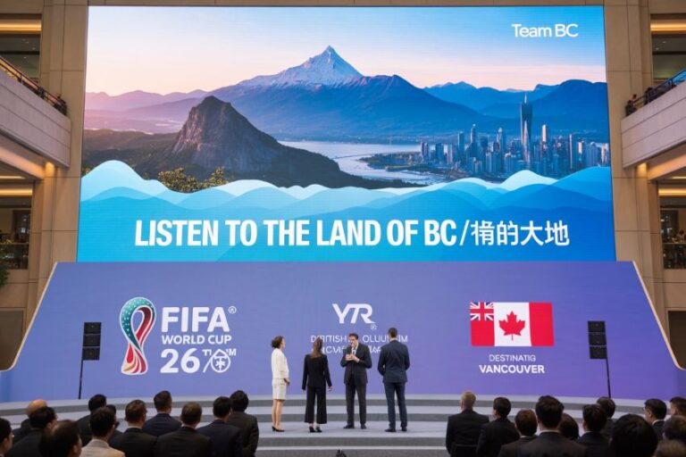 Stage presentation with a mountain landscape screen that reads 'LISTEN TO THE LAND OF BC', four people on stage speaking to an audience; FIFA World Cup 26 and Destination Vancouver logos visible on the backdrop.