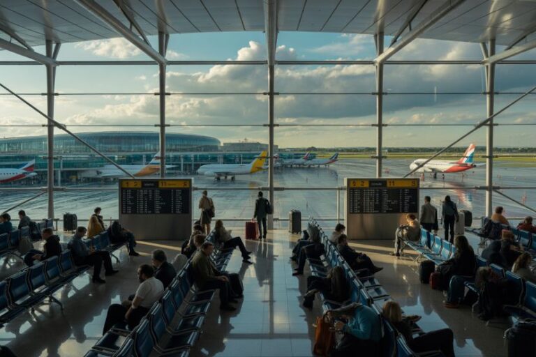 Spacious airport terminal with glass walls; travelers sit in blue chairs while planes are parked at gates outside the window.