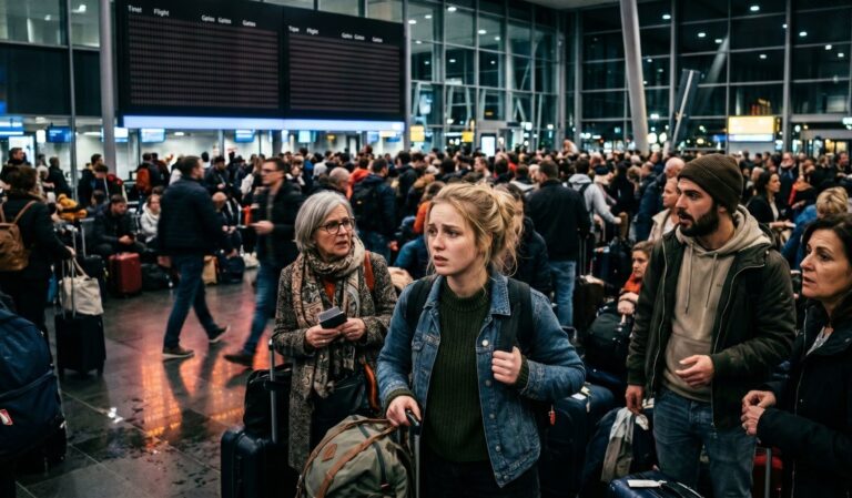 Crowded airport departure hall with travelers and rolling luggage; foreground shows a worried young woman with a backpack, an older woman with scarf, and a bearded man in a beanie waiting nearby.