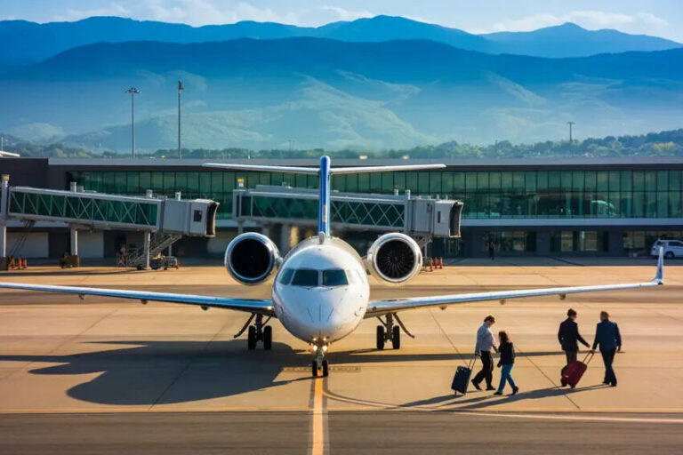 Front view of a white passenger jet parked at a gate on the tarmac, with travelers walking by pulling rolling suitcases. The terminal is in the background against mountains.