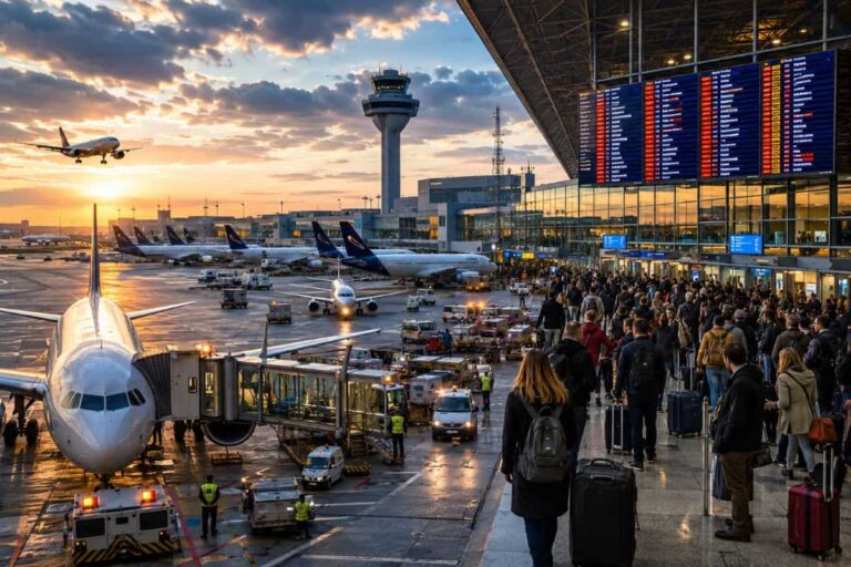 Busy airport terminal at sunset with a jet at the gate, boarding crowds and a large departure board overhead.