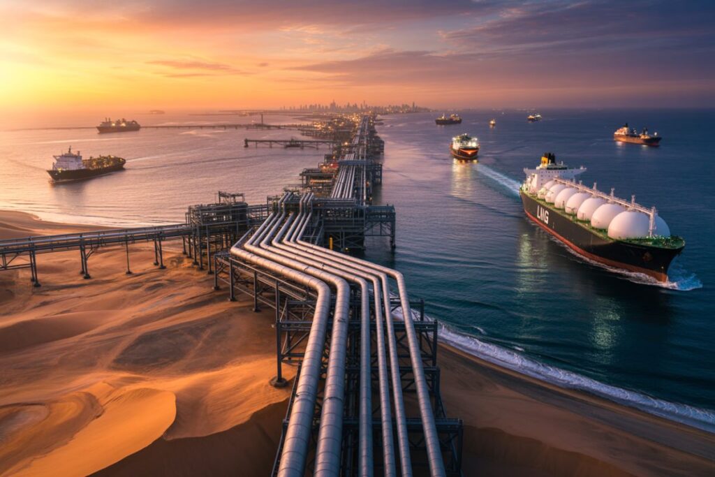 Sunset over a busy oil and gas port with a network of pipelines along the shore and several cargo ships in the calm sea behind sand dunes.