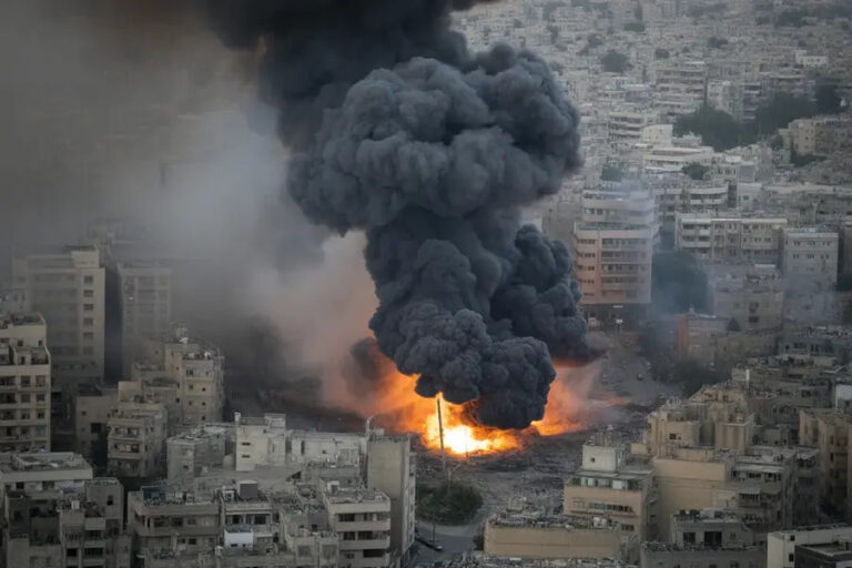 Explosion in a densely built city with a bright fireball and a large plume of black smoke rising above surrounding buildings