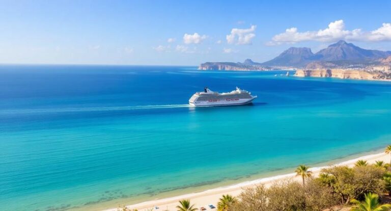 Cruise ship sailing along a turquoise bay near a sandy beach with palm trees and distant mountains