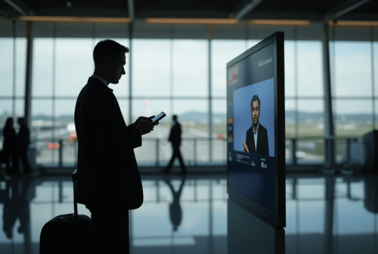 Silhouetted businessman with luggage stands in an airport, looking at his phone beside a large screen showing a speaker on video.