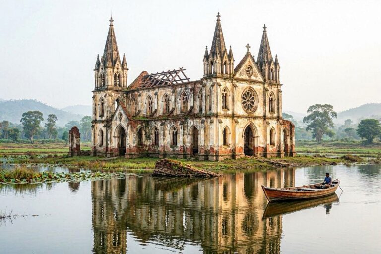 Ruined Gothic church on a waterlogged plain, its reflection shimmering in the lake with a small wooden boat nearby.
