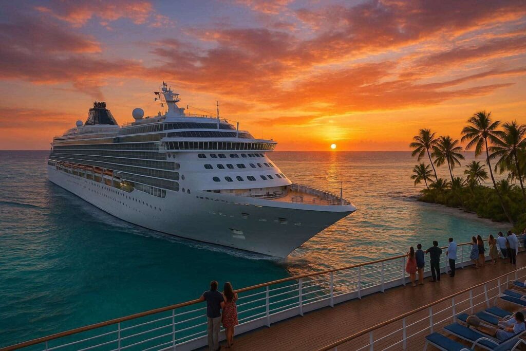 Cruise ship anchored near a tropical island at sunset with palm trees lining the shore and passengers on the deck watching the scene.
