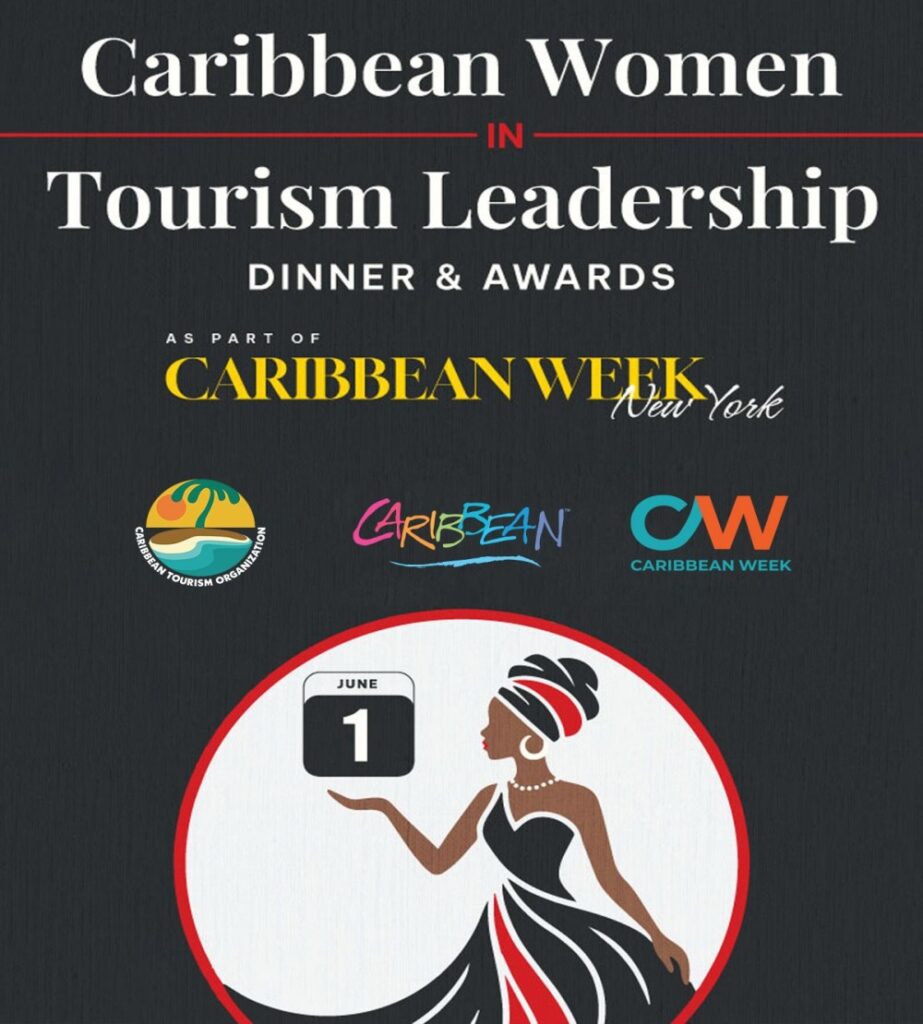 Poster for Caribbean Women in Tourism Leadership Dinner & Awards during Caribbean Week New York, with logos and a stylized woman inside a red circle holding a calendar date June 1.