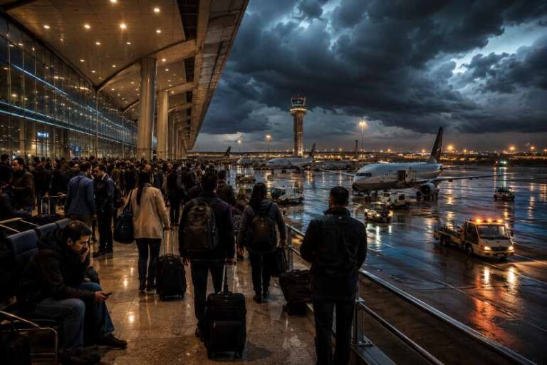 Crowded airport terminal at dusk with passengers and luggage, airplanes on the tarmac outside under cloudy skies.