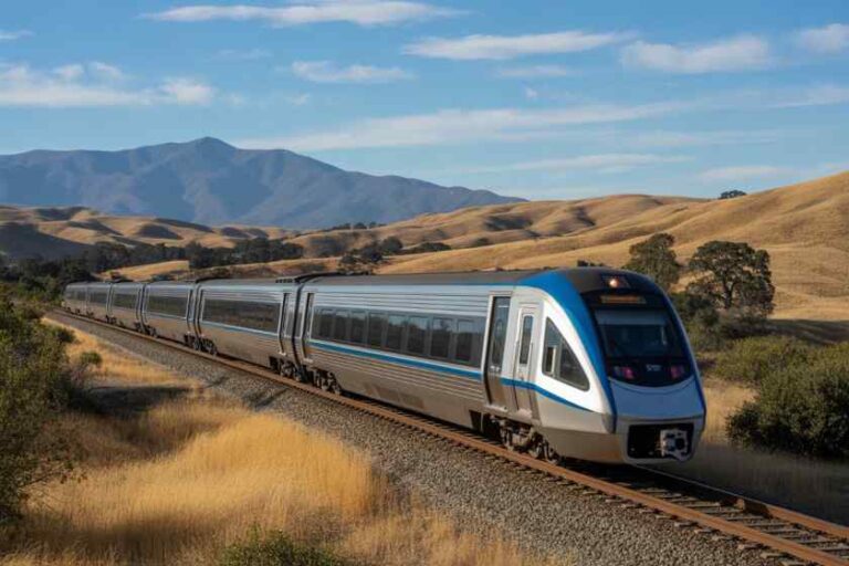 Modern silver and blue passenger train on a curved track through golden hills with mountains in the distance under a blue sky.