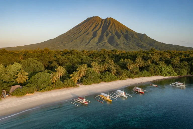Volcanic mountain rising behind a tropical beach lined with palm trees and calm turquoise water with docked boats along the shore
