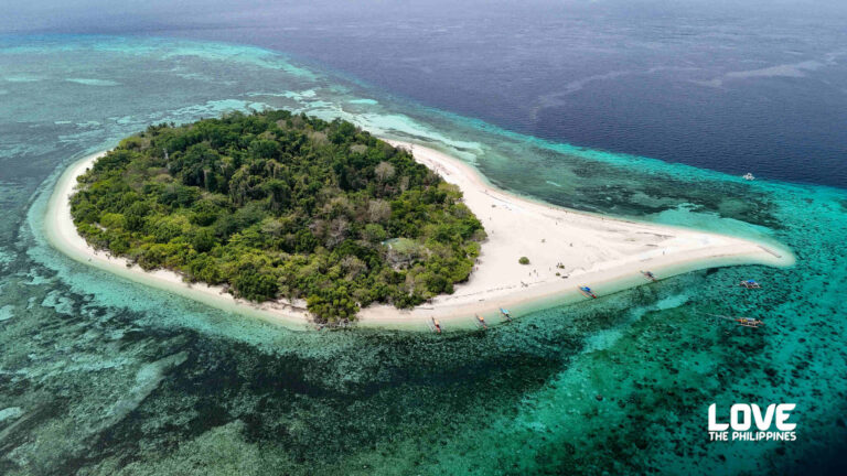 Aerial view of a forested island with white-sand beach and turquoise surround­ing waters. Boats line the shore around the island.
