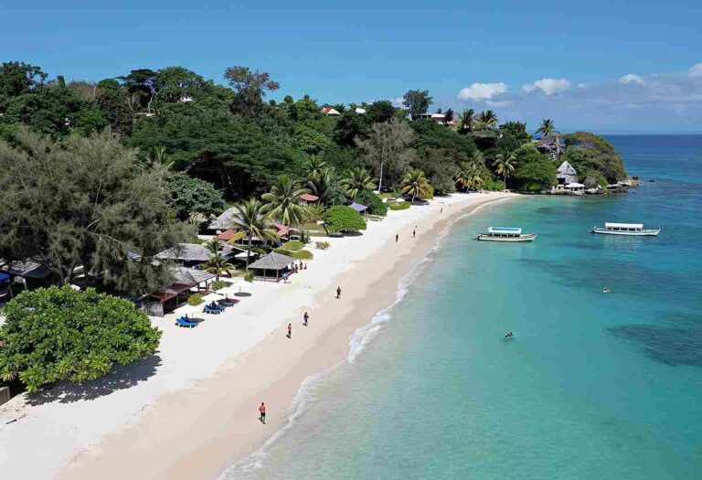 Tropical beach with white sand, palm trees, and huts along the coastline; turquoise sea and boats anchored nearby.
