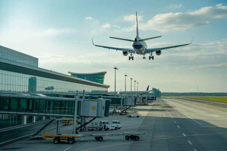 Airplane descends toward a runway at a modern airport with jet bridges and a terminal building nearby, preparatory to landing.