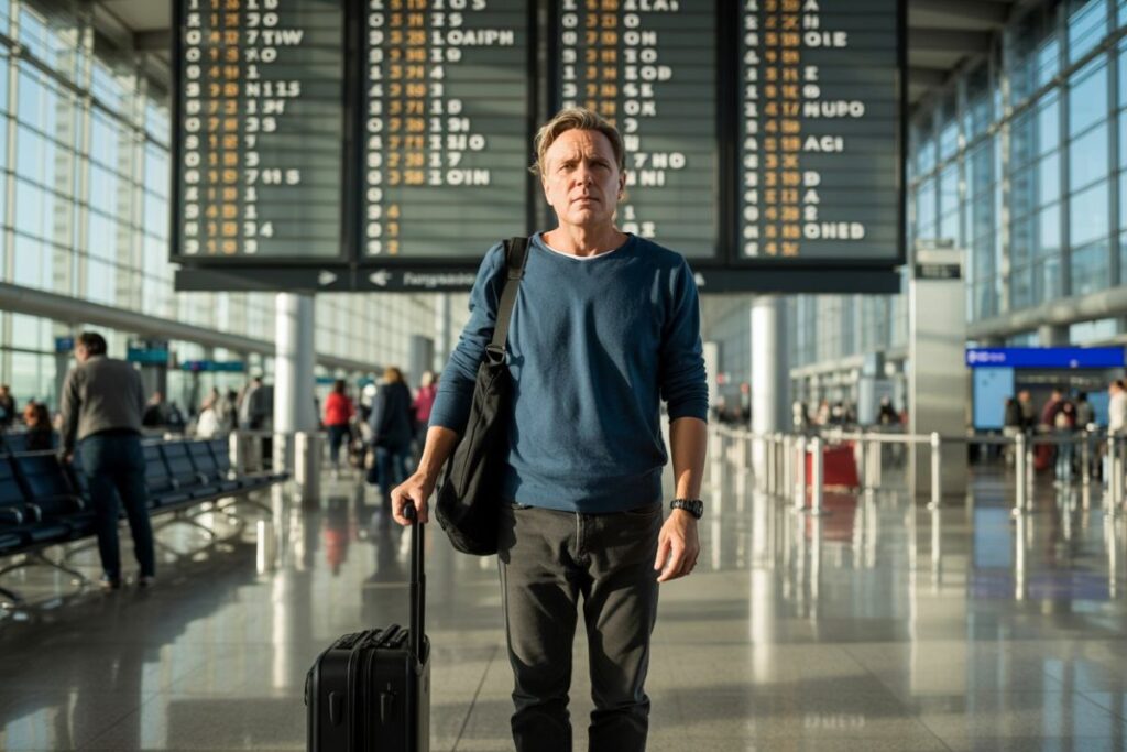 Man standing in an airport terminal with a rolling suitcase and a shoulder bag, boarding boards illuminated behind him.