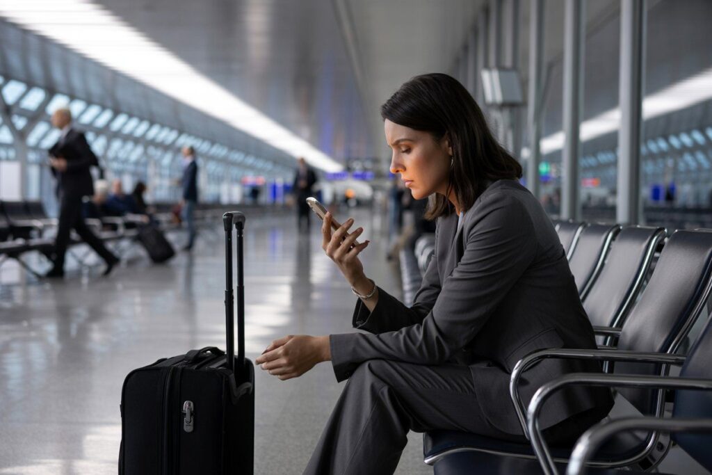 Businesswoman in a gray suit sits with a rolling suitcase at an airport, looking at her smartphone.