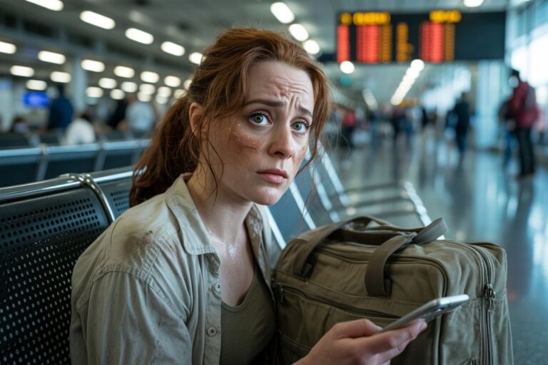 Woman with a bruised cheek sitting in an airport terminal, looking worried while holding a phone beside a suitcase.