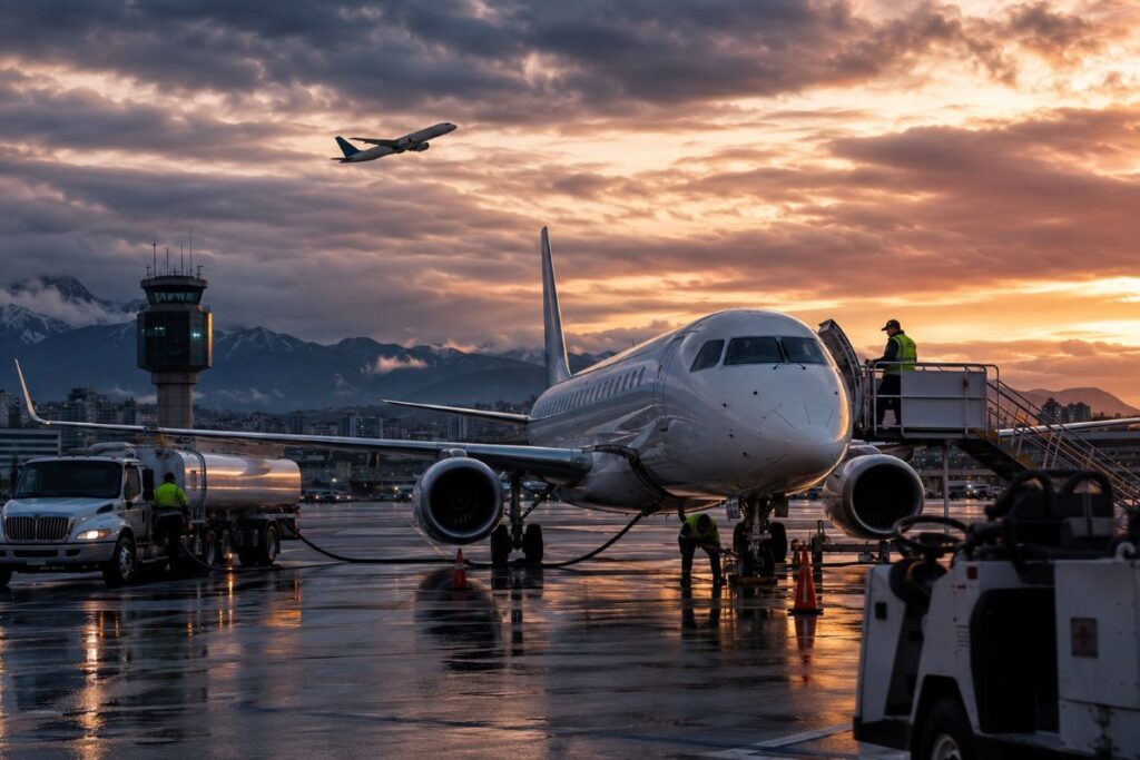 Passenger jet on the tarmac at sunset, ground crew fueling and preparing the aircraft at the gate.