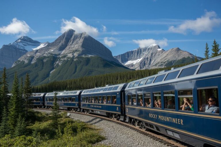 Blue Rocky Mountaineer train curves along tracks with snow-capped mountains and evergreen forest in the background.