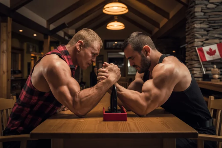 Two muscular men arm-wrestling across a wooden table in a cozy restaurant, with a red device between their hands.