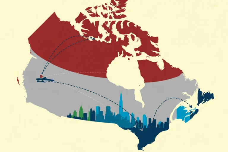 Stylized map of North America showing Canada in red, the U.S. in gray with a blue skyline and flight paths connecting coasts to indicate travel routes.