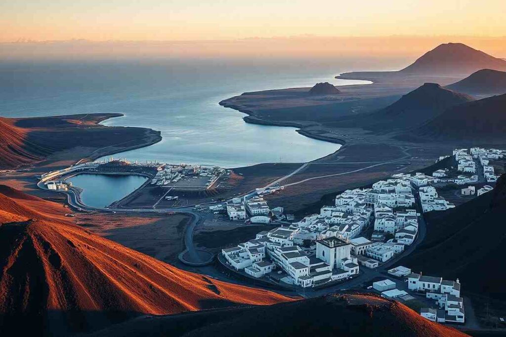 Aerial view of a white-washed village on a coastal volcanic island at sunset, with winding roads, dark red cliffs, and a calm bay.