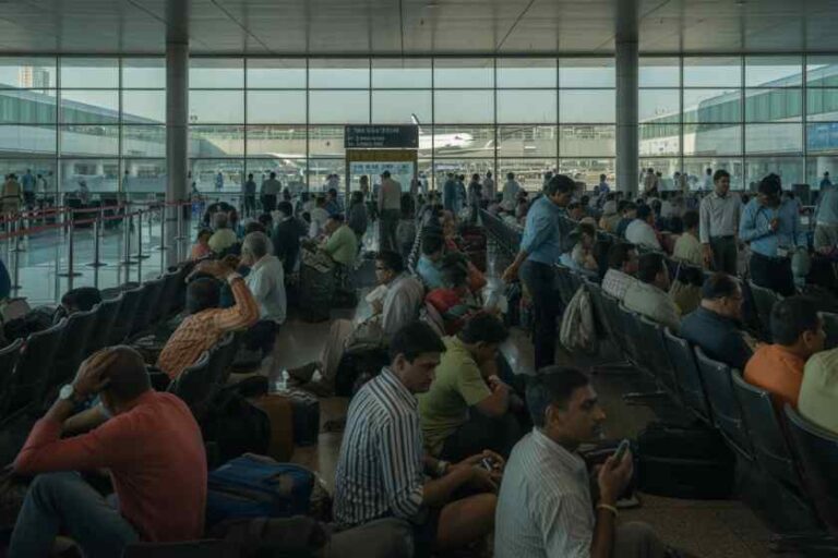 Crowded airport terminal with passengers sitting and waiting, some using phones, large glass windows in the background and a jet bridge visible outside.