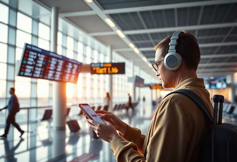 Traveler wearing headphones and a backpack at an airport, looking at a tablet handheld in the foreground.