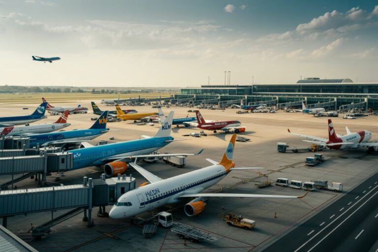 Busy airport tarmac with multiple passenger planes at gates; a plane takes off in the background.