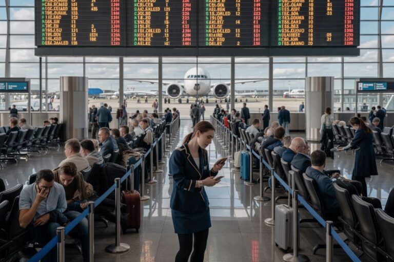 Busy airport gate with passengers seated and a jet visible through glass behind; a woman in a blue uniform using her phone in the foreground.